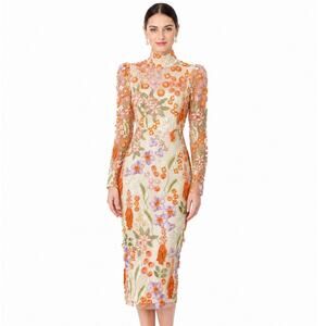 Dalia MacPhee Illusion Floral Embroidered Midi Dress